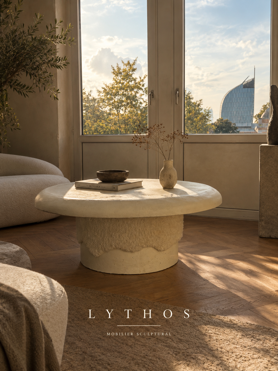 Terra, table basse réelle en béton et laine dans un intérieur lumineux